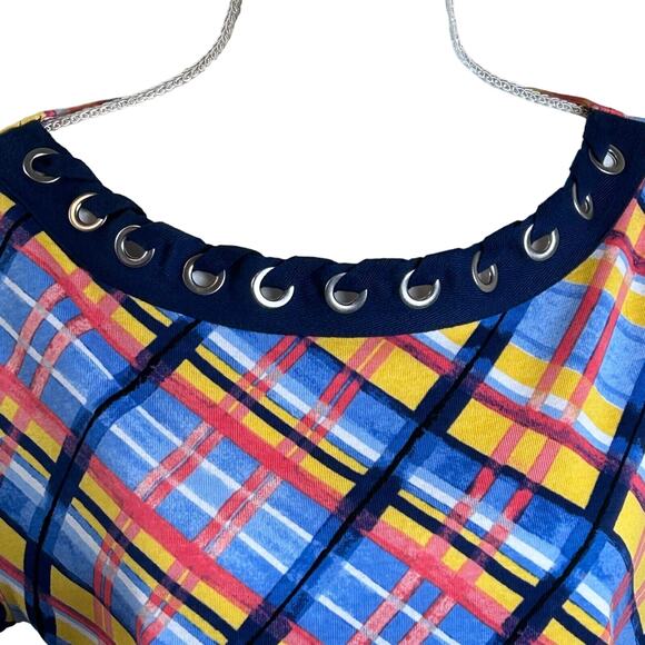 Rafaella Women Top Size L Large Blue Yellow Plaid Eyelet Collar Short Sleeve - Picture 2 of 9